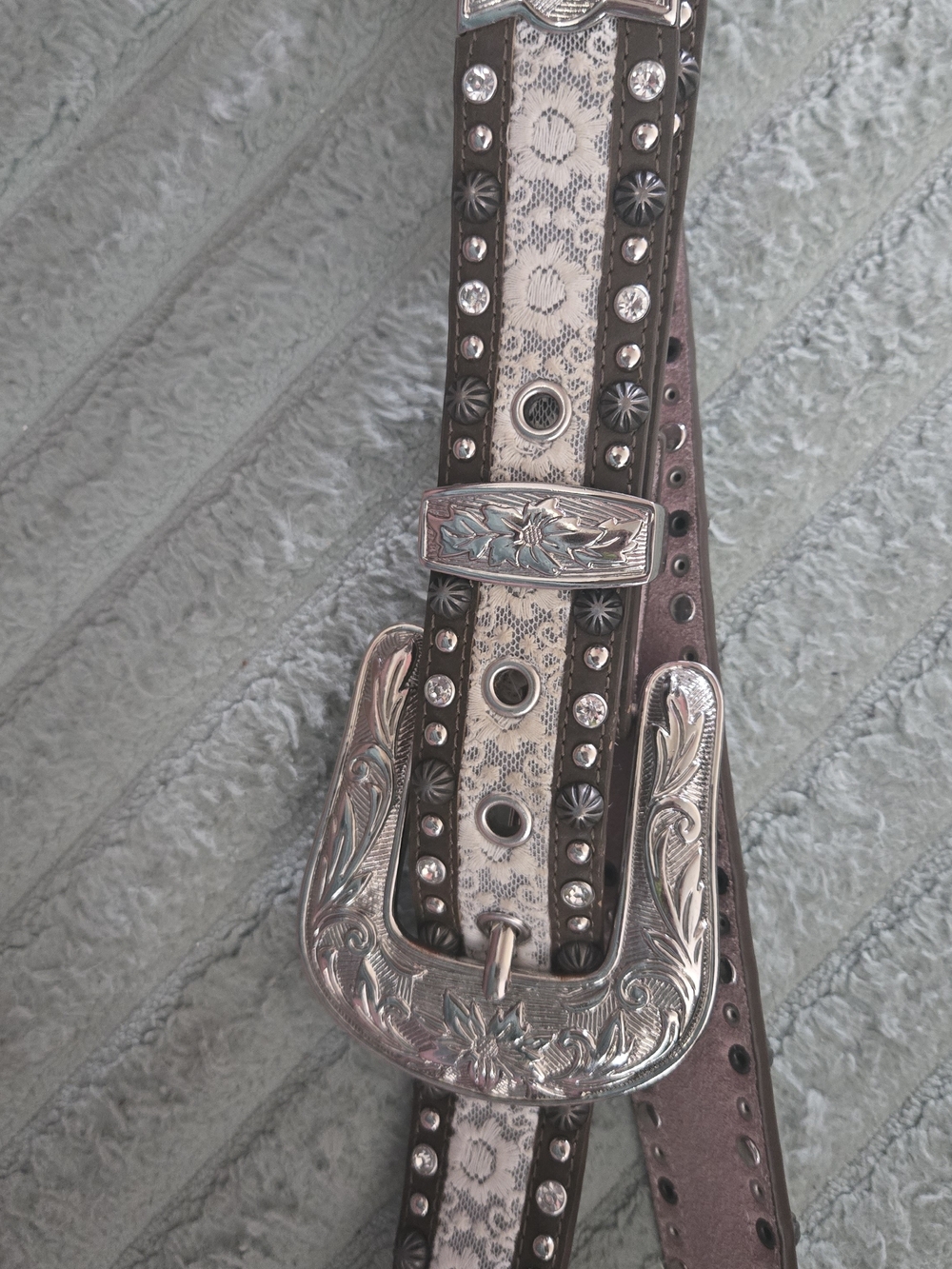 Ariat Brown and Silver Embellished Western Belt with Floral Buckle - Picture 2 of 3
